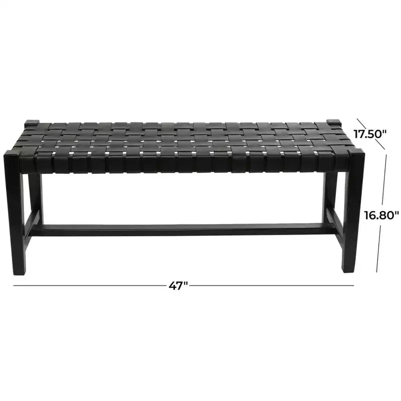 Banc tissé en cuir noir moderne - Olivia & May : Structure en teck faite à la main, finition polie, rembourré, siège d'entrée