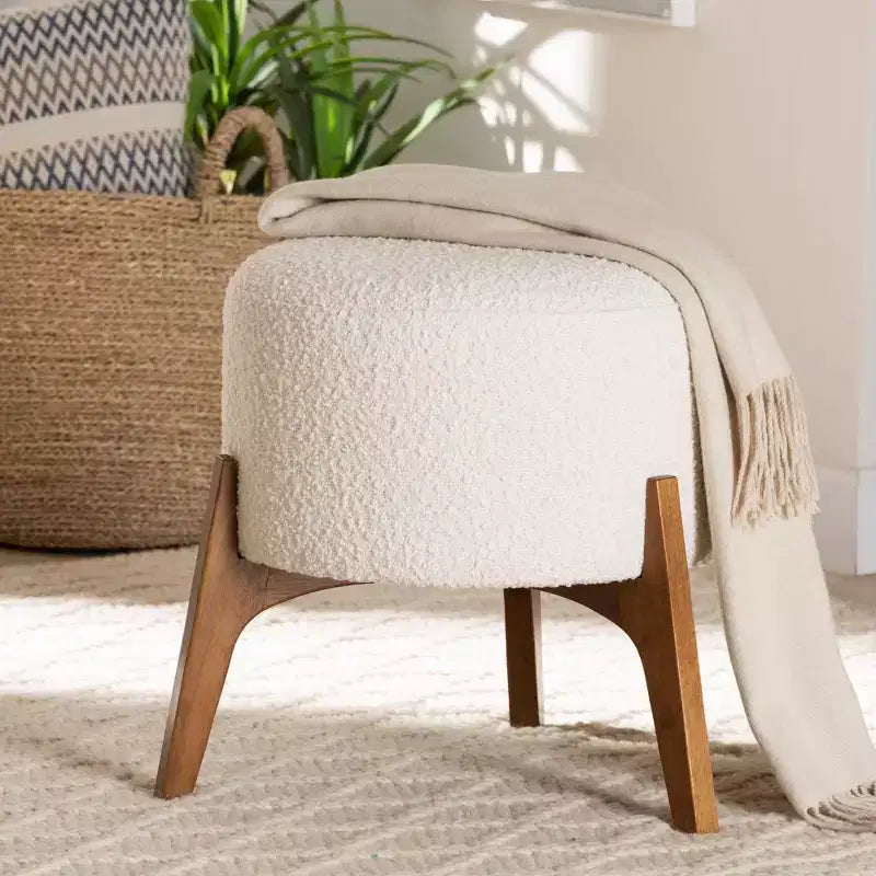 Pouffe ottoman en tissu et bois Elkie Crème/Noyer brun - Baxton Studio