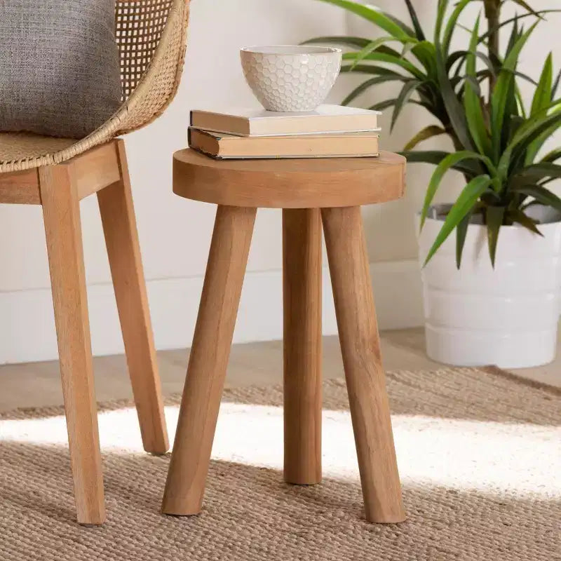 Baxton Studio Terah Teak Wood Ottoman Footstool Natural Brown: Round, Solid, No Assembly Required