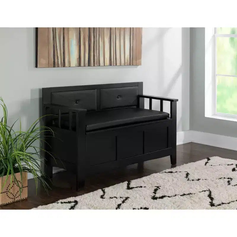 Banc de rangement rembourré en similicuir et bois massif Linon 44,5 po Carlton Noir : Ottoman d'entrée, Organisateur de chaussures
