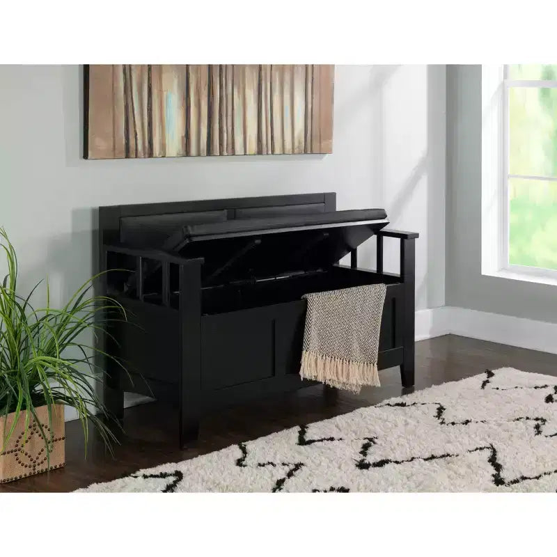 Banc de rangement rembourré en similicuir et bois massif Linon 44,5 po Carlton Noir : Ottoman d'entrée, Organisateur de chaussures