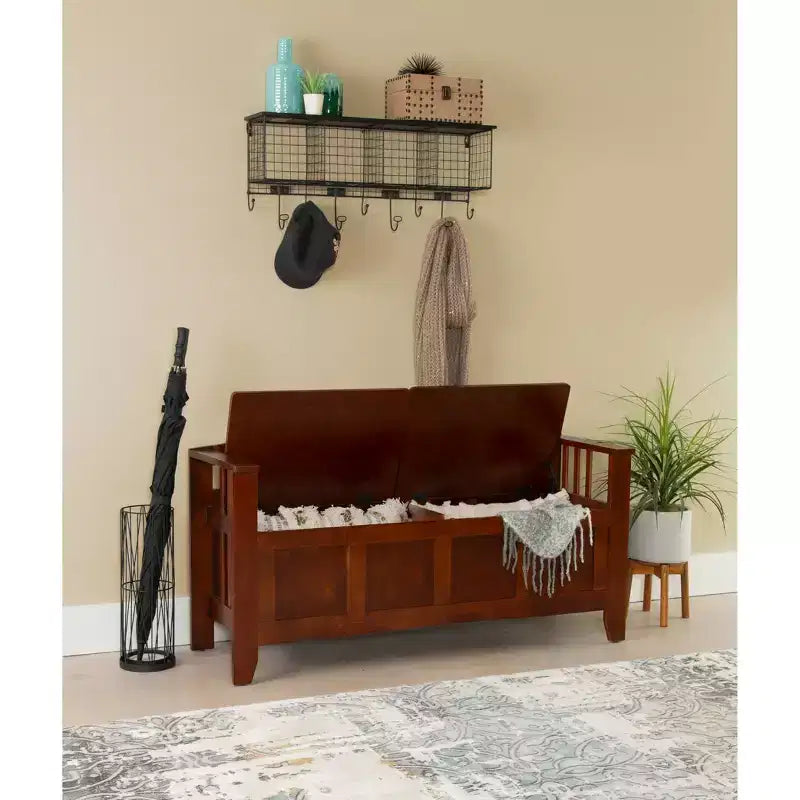 Linon 50" Shayla Banc de Rangement en Bois Massif avec Siège Fini et Divisé Noyer : Meubles d'entrée, Organisateur de Chaussures