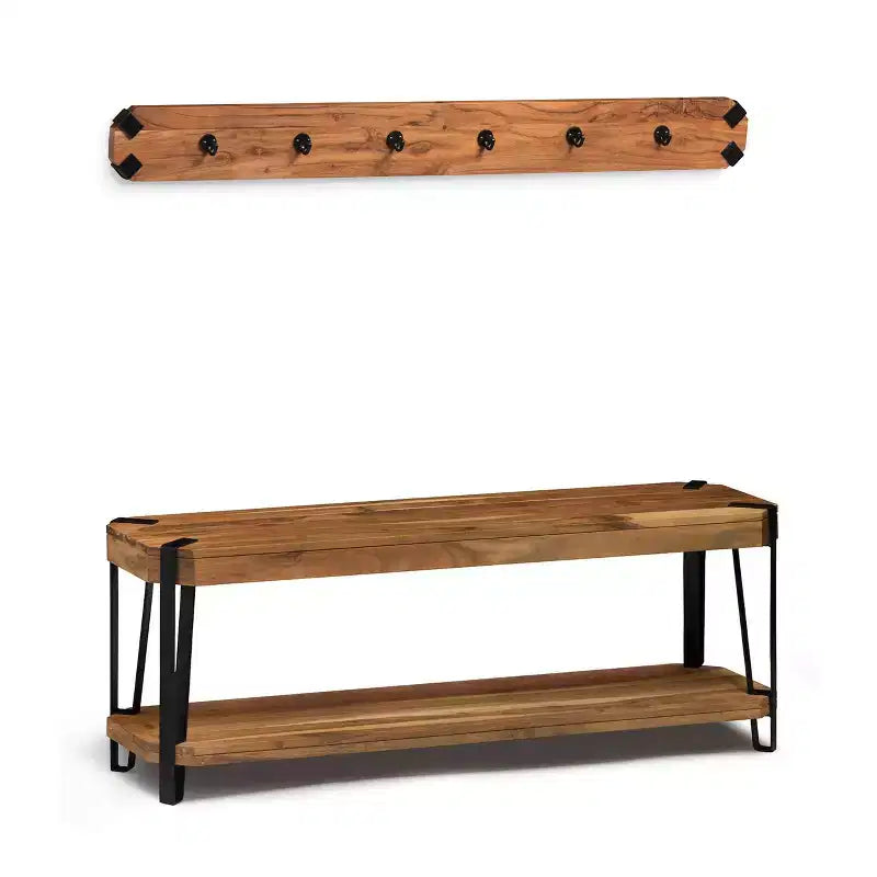 Banc en bois à bords francs Ryegate de 48 po avec crochets muraux – Meubles Alaterre : Cadre en métal industriel, ensemble d’entrée de 2 pièces