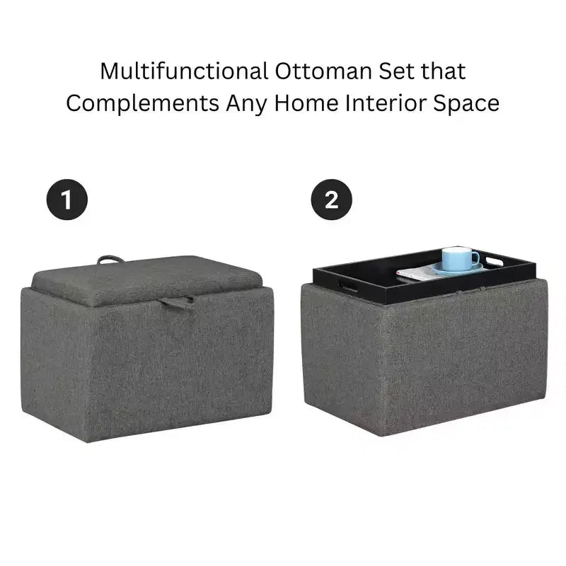Pouf de rangement d'appoint en tissu gris clair avec plateau réversible Breighton Home Designs4Comfort