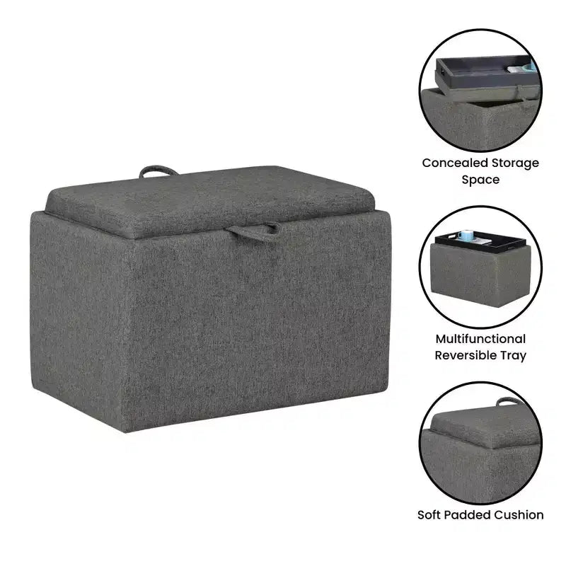 Pouf de rangement d'appoint en tissu gris clair avec plateau réversible Breighton Home Designs4Comfort