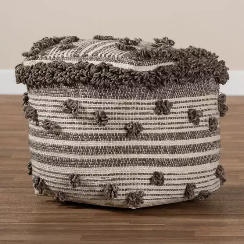 Pouf ottoman Eligah en laine tissée à la main, inspiration marocaine, ivoire/marron - Baxton Studio