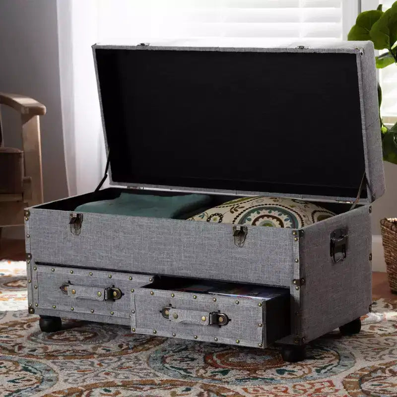 Pouf de rangement Flynn en tissu capitonné avec 2 tiroirs gris/noir - Baxton Studio