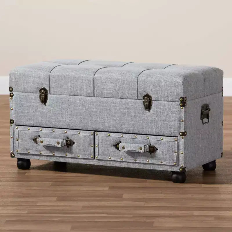 Pouf de rangement Flynn en tissu capitonné avec 2 tiroirs gris/noir - Baxton Studio