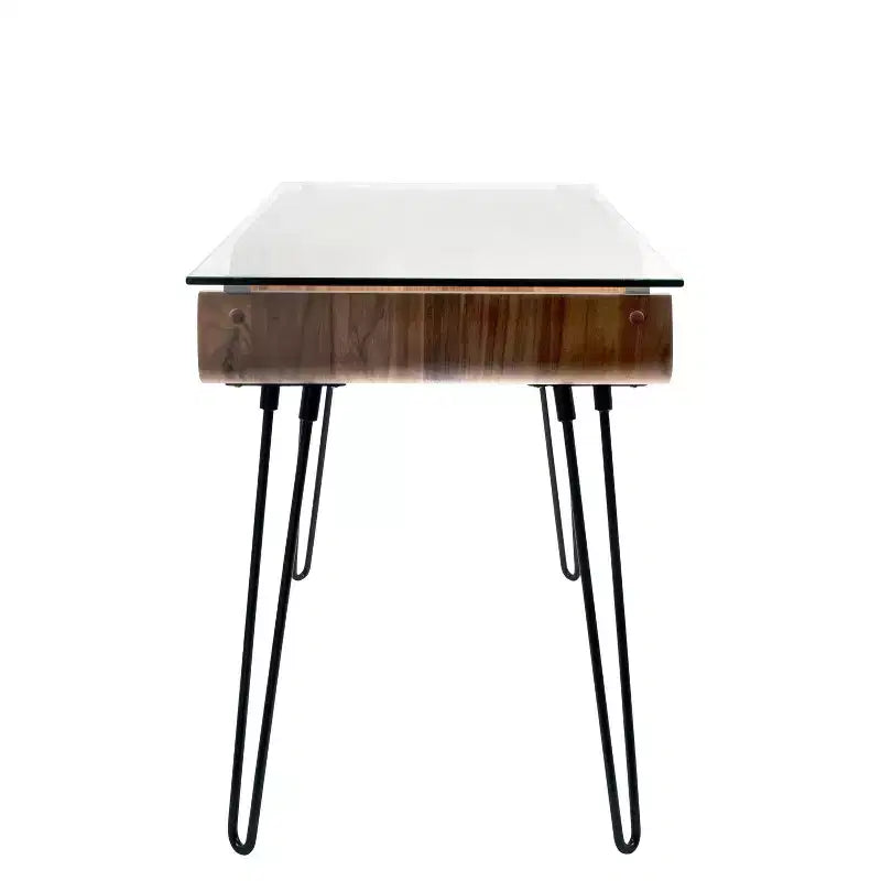 LumiSource Avery, bureau moderne du milieu du siècle, noyer : plateau en verre trempé, cadre en bois et métal, tiroir polyvalent