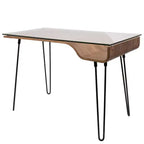 LumiSource Avery, bureau moderne du milieu du siècle, noyer : plateau en verre trempé, cadre en bois et métal, tiroir polyvalent