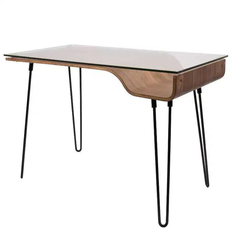 LumiSource Avery, bureau moderne du milieu du siècle, noyer : plateau en verre trempé, cadre en bois et métal, tiroir polyvalent