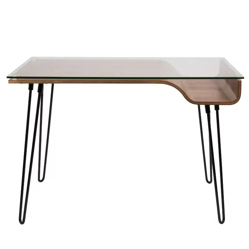 LumiSource Avery, bureau moderne du milieu du siècle, noyer : plateau en verre trempé, cadre en bois et métal, tiroir polyvalent