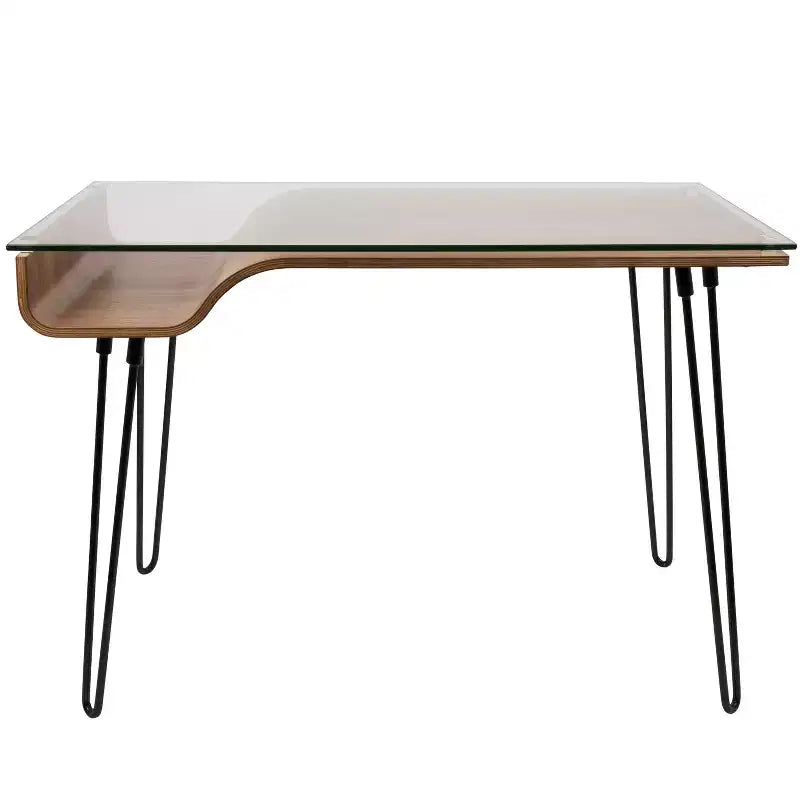 LumiSource Avery, bureau moderne du milieu du siècle, noyer : plateau en verre trempé, cadre en bois et métal, tiroir polyvalent