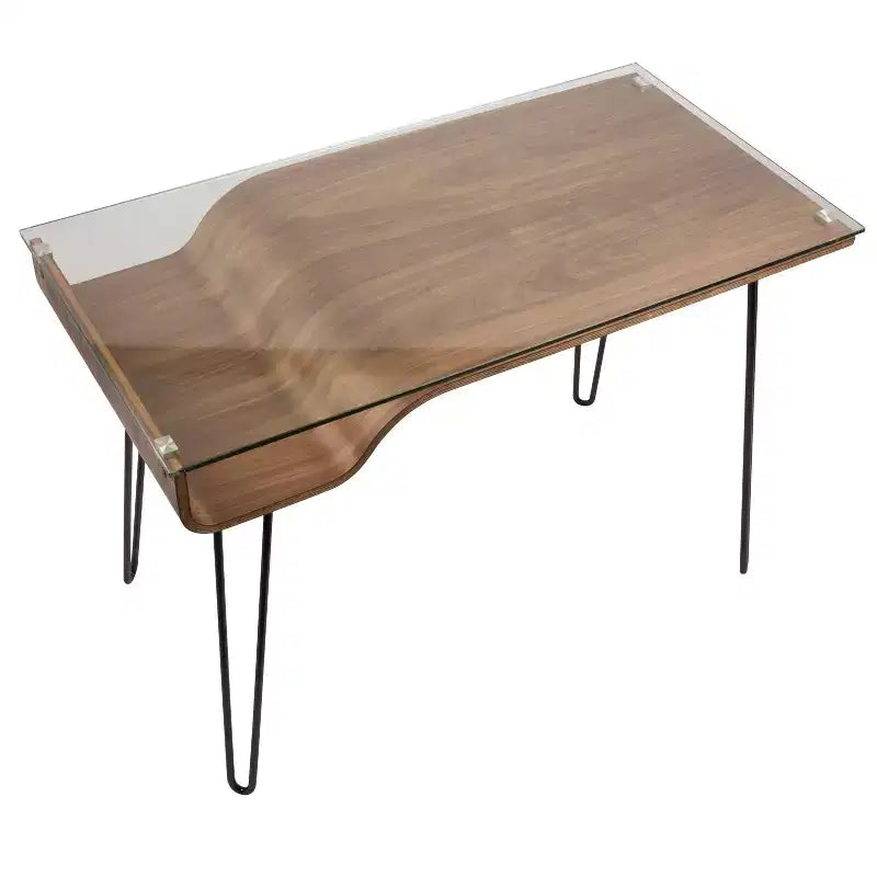 LumiSource Avery, bureau moderne du milieu du siècle, noyer : plateau en verre trempé, cadre en bois et métal, tiroir polyvalent