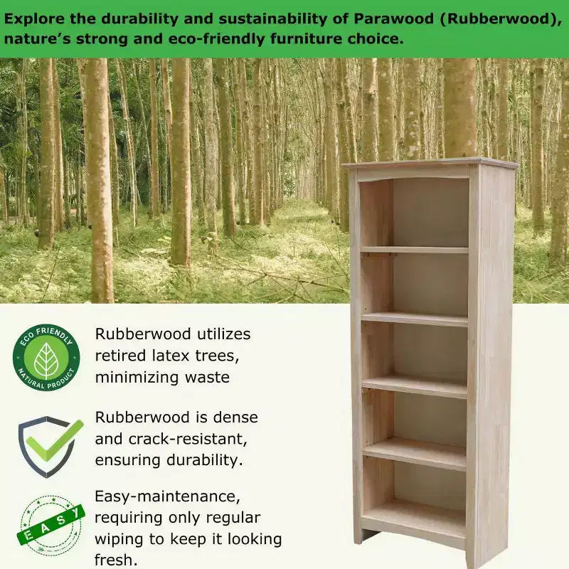 Bibliothèque Shaker 60"x24" non finie - International Concepts : 5 niveaux, bois d'hévéa, dos fermé, étagères réglables