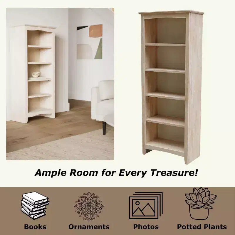 Bibliothèque Shaker 60"x24" non finie - International Concepts : 5 niveaux, bois d'hévéa, dos fermé, étagères réglables