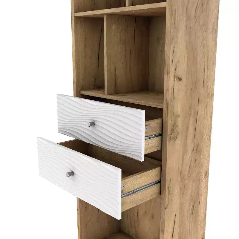 24/7 Shop At Home 70.35" Kimmo Bibliothèque Mid-Century Moderne à Étagères Ouvertes et 2 Tiroirs Chêne Clair : Rangement Vertical, Composite Bois MDF