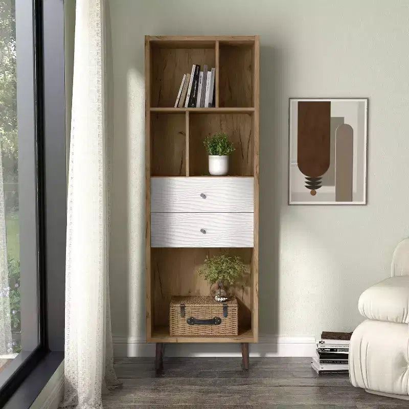 24/7 Shop At Home 70.35" Kimmo Bibliothèque Mid-Century Moderne à Étagères Ouvertes et 2 Tiroirs Chêne Clair : Rangement Vertical, Composite Bois MDF