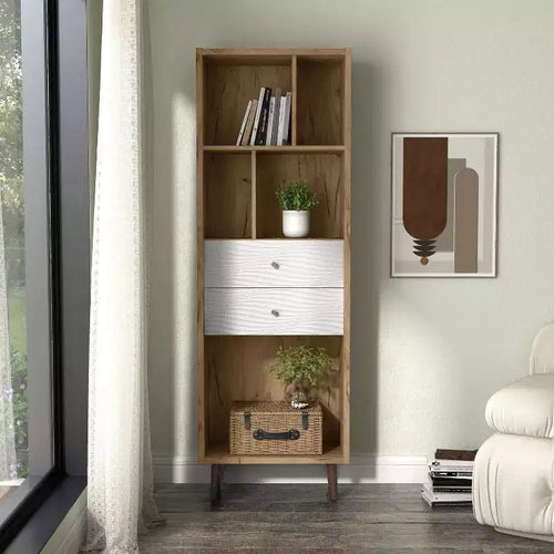 24/7 Shop At Home 70.35" Kimmo Bibliothèque Mid-Century Moderne à Étagères Ouvertes et 2 Tiroirs Chêne Clair : Rangement Vertical, Composite Bois MDF