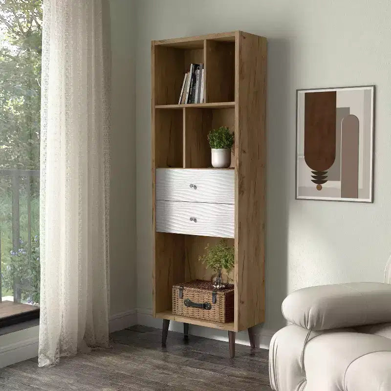 24/7 Shop At Home 70.35" Kimmo Bibliothèque Mid-Century Moderne à Étagères Ouvertes et 2 Tiroirs Chêne Clair : Rangement Vertical, Composite Bois MDF