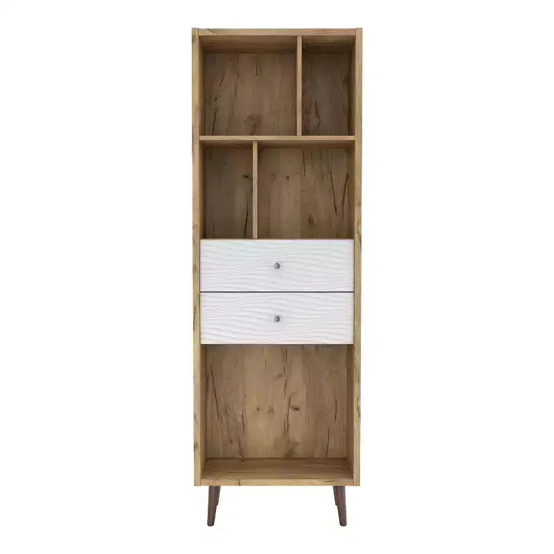 24/7 Shop At Home 70.35" Kimmo Bibliothèque Mid-Century Moderne à Étagères Ouvertes et 2 Tiroirs Chêne Clair : Rangement Vertical, Composite Bois MDF