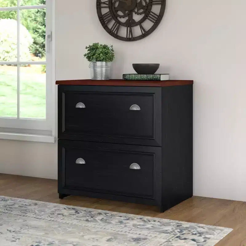 Classeur à 2 tiroirs Fairview Noir antique – Bush Furniture : Latéral, design élégant, plateau cerisier-brun