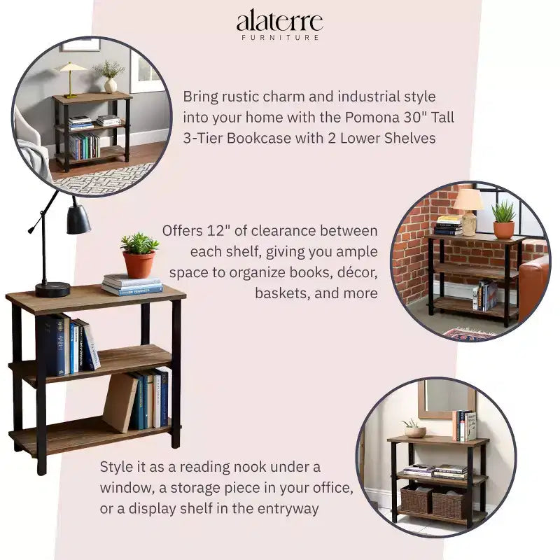 Étagère à 2 tablettes Pomona 31" en métal et bois massif naturel - Meubles Alaterre