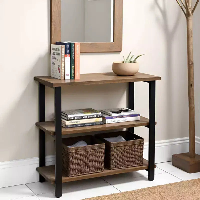 Étagère à 2 tablettes Pomona 31" en métal et bois massif naturel - Meubles Alaterre