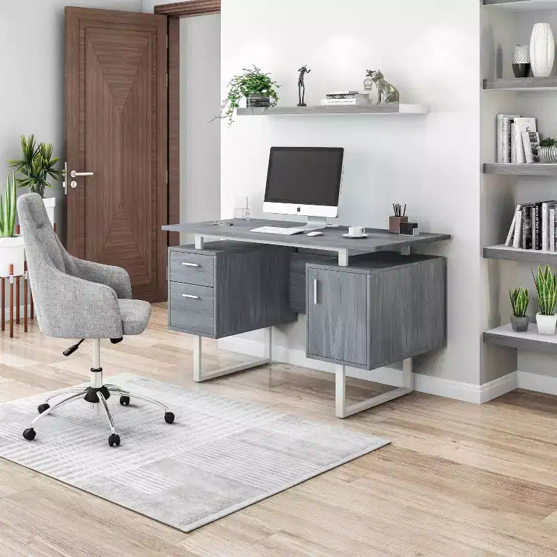 Bureau d'ordinateur moderne avec rangement Gris - Techni Mobili : Pieds en métal élégants, meuble de rangement, plateau flottant