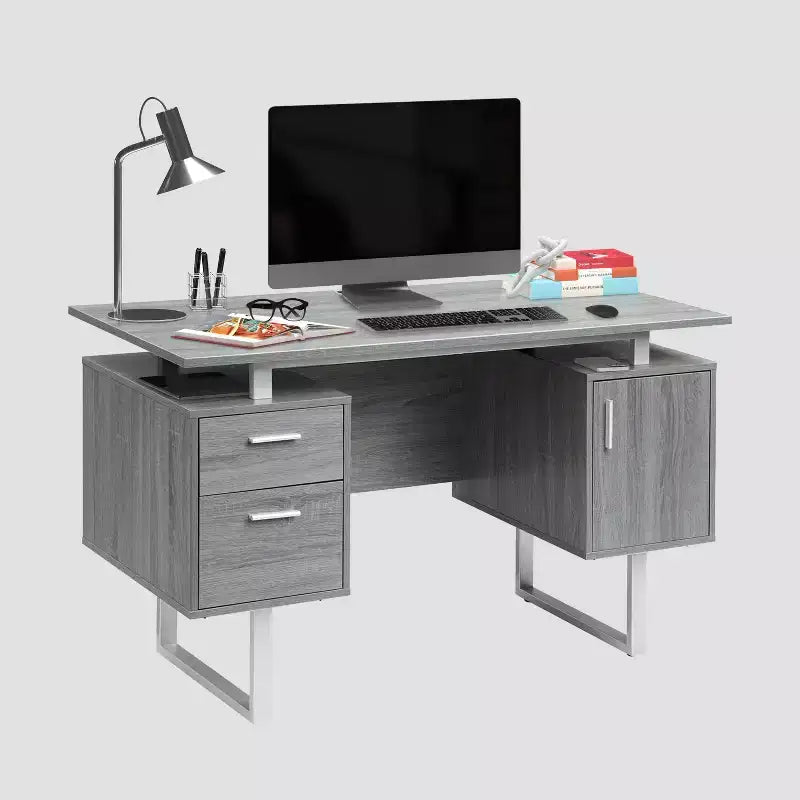 Bureau d'ordinateur moderne avec rangement Gris - Techni Mobili : Pieds en métal élégants, meuble de rangement, plateau flottant