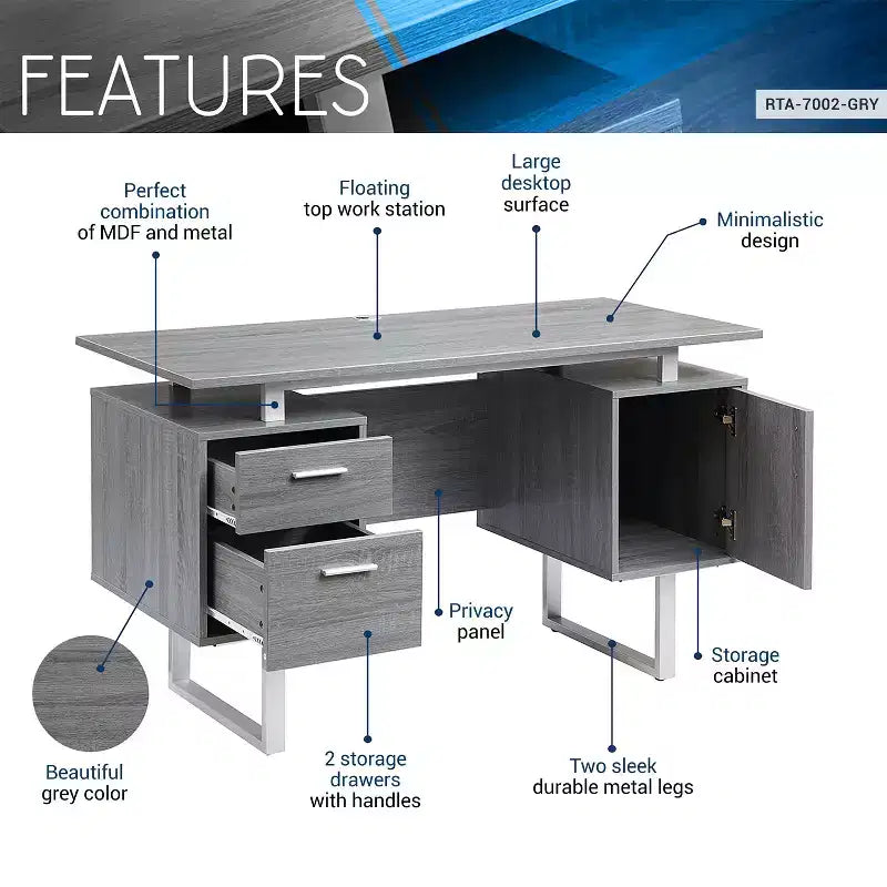 Bureau d'ordinateur moderne avec rangement Gris - Techni Mobili : Pieds en métal élégants, meuble de rangement, plateau flottant
