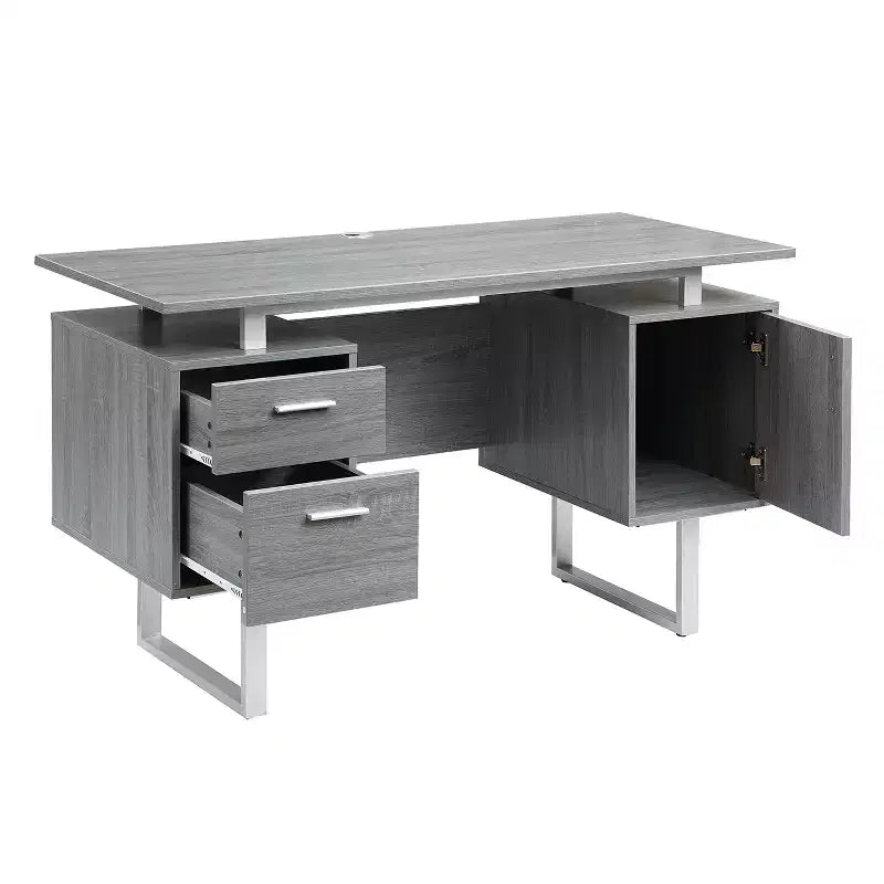 Bureau d'ordinateur moderne avec rangement Gris - Techni Mobili : Pieds en métal élégants, meuble de rangement, plateau flottant