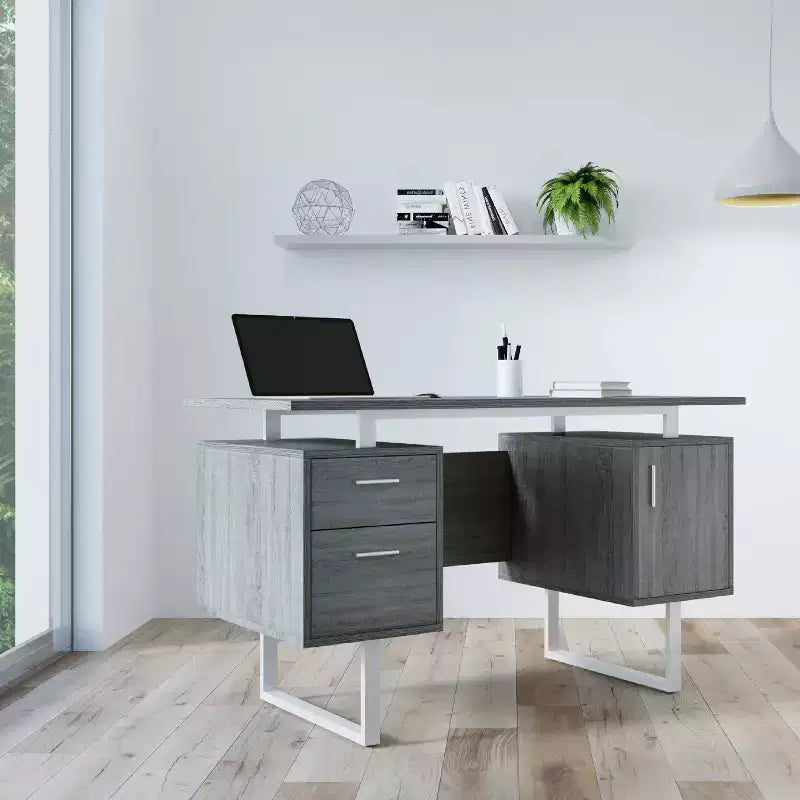 Bureau d'ordinateur moderne avec rangement Gris - Techni Mobili : Pieds en métal élégants, meuble de rangement, plateau flottant