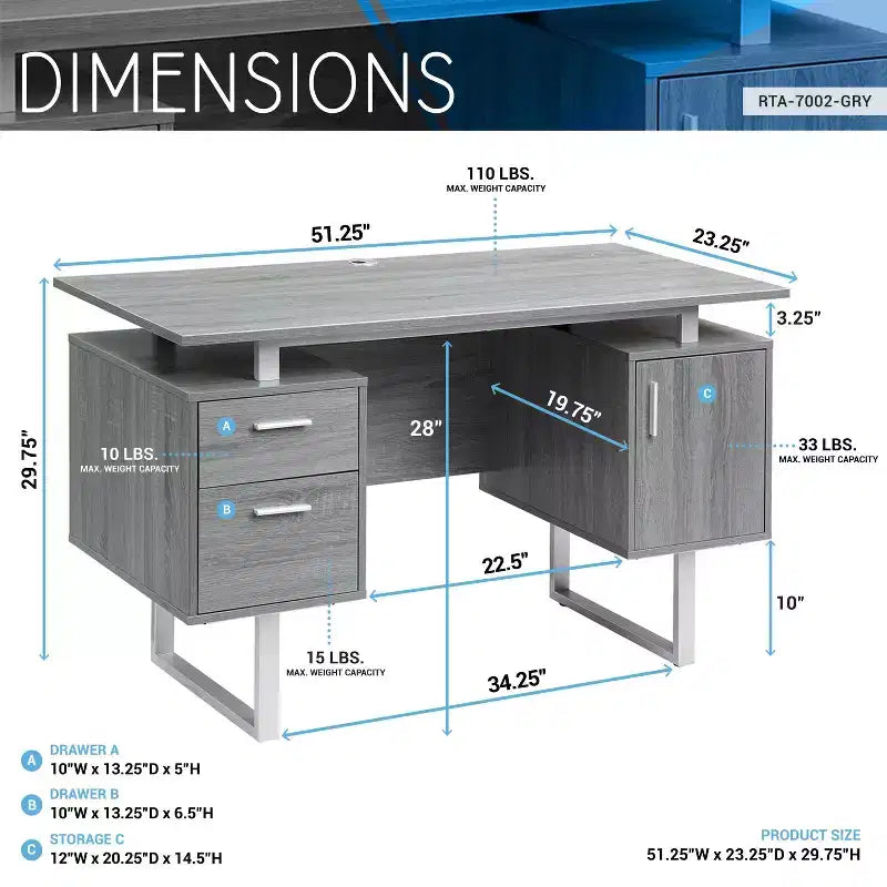 Bureau d'ordinateur moderne avec rangement Gris - Techni Mobili : Pieds en métal élégants, meuble de rangement, plateau flottant