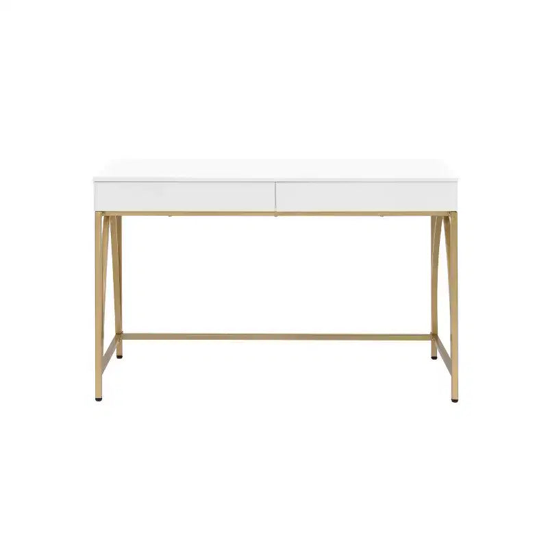 Bureau Light Mane blanc brillant/doré - Acme Furniture : 31" H, 2 tiroirs, cadre métallique, 47" L