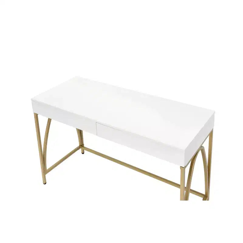 Bureau Light Mane blanc brillant/doré - Acme Furniture : 31" H, 2 tiroirs, cadre métallique, 47" L