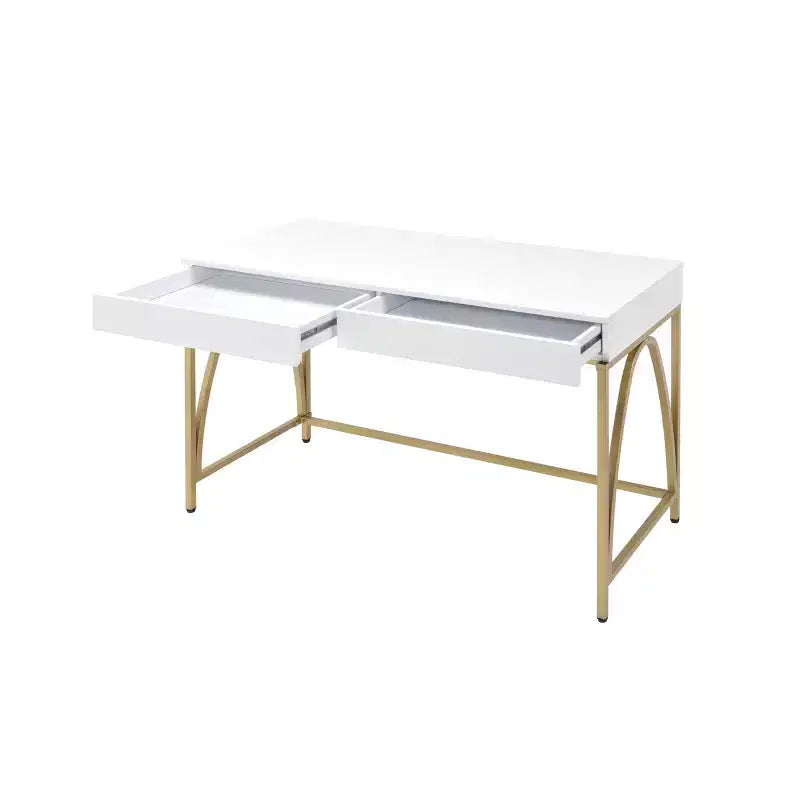 Bureau Light Mane blanc brillant/doré - Acme Furniture : 31" H, 2 tiroirs, cadre métallique, 47" L