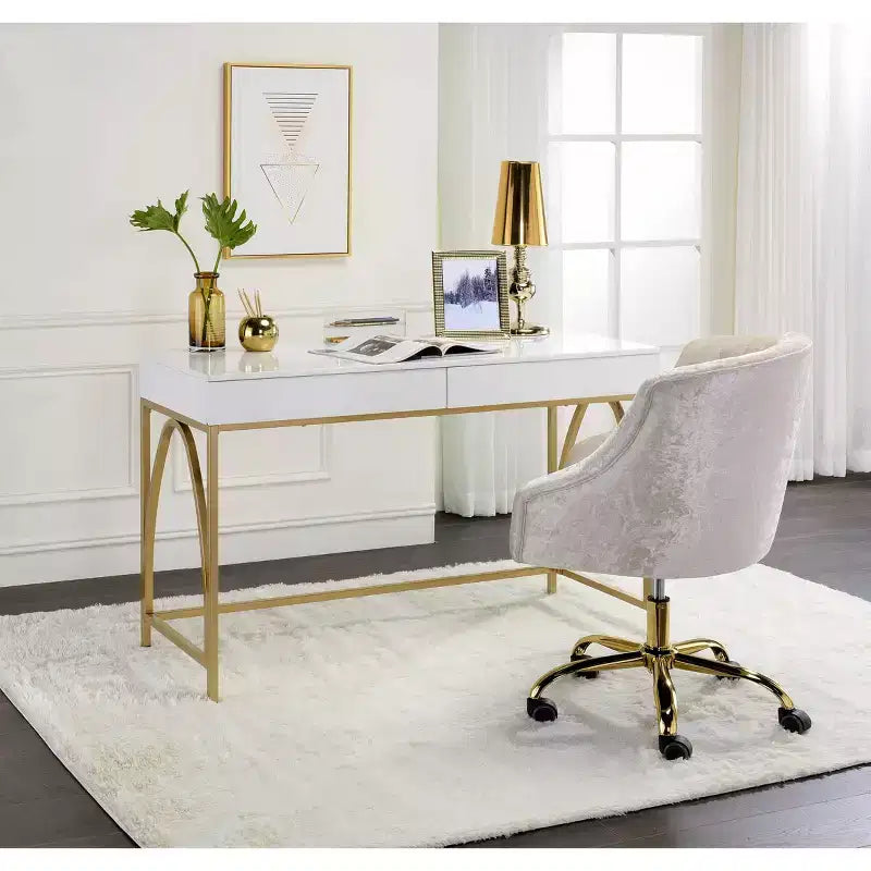 Bureau Light Mane blanc brillant/doré - Acme Furniture : 31" H, 2 tiroirs, cadre métallique, 47" L