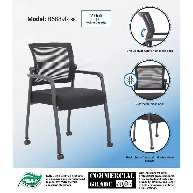 Chaise visiteur 4 pieds en maille noire – Boss Office Products : Rembourrée, respirante, hauteur fixe