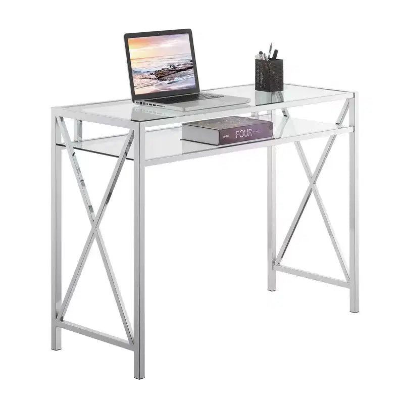 Bureau Oxford 42" chromé avec étagère Verre clair/Chrome - Breighton Home : Bureau à domicile, Surface en verre trempé, Cadre en métal
