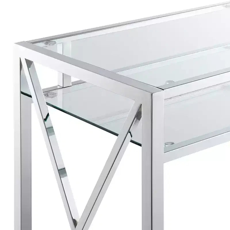 Bureau Oxford 42" chromé avec étagère Verre clair/Chrome - Breighton Home : Bureau à domicile, Surface en verre trempé, Cadre en métal
