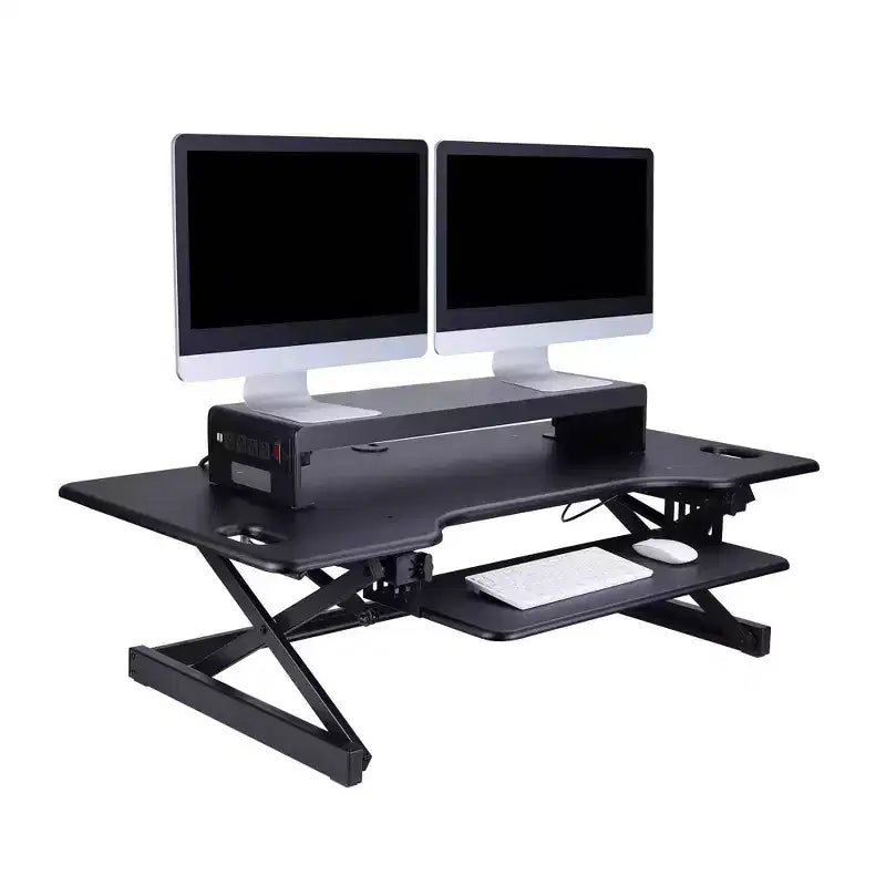 Support de bureau double articulé à double écran avec alimentation noire - Rocelco : 4 prises CA, 2 ports USB, aucun assemblage