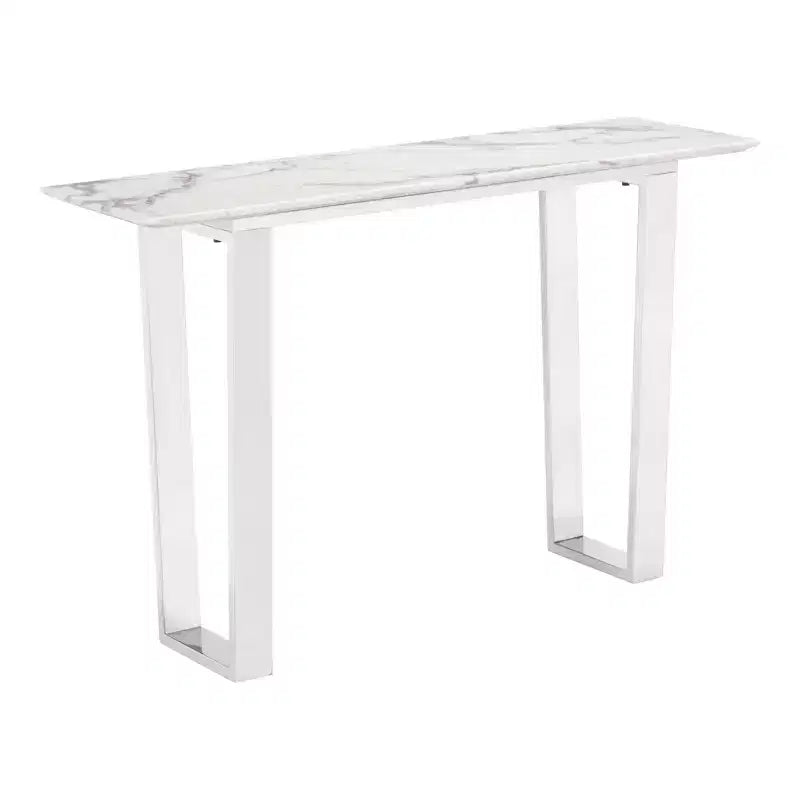 Modern Rectangular Faux Marble Console Table - Stone, Brushed Stainless Steel - Zm Home
