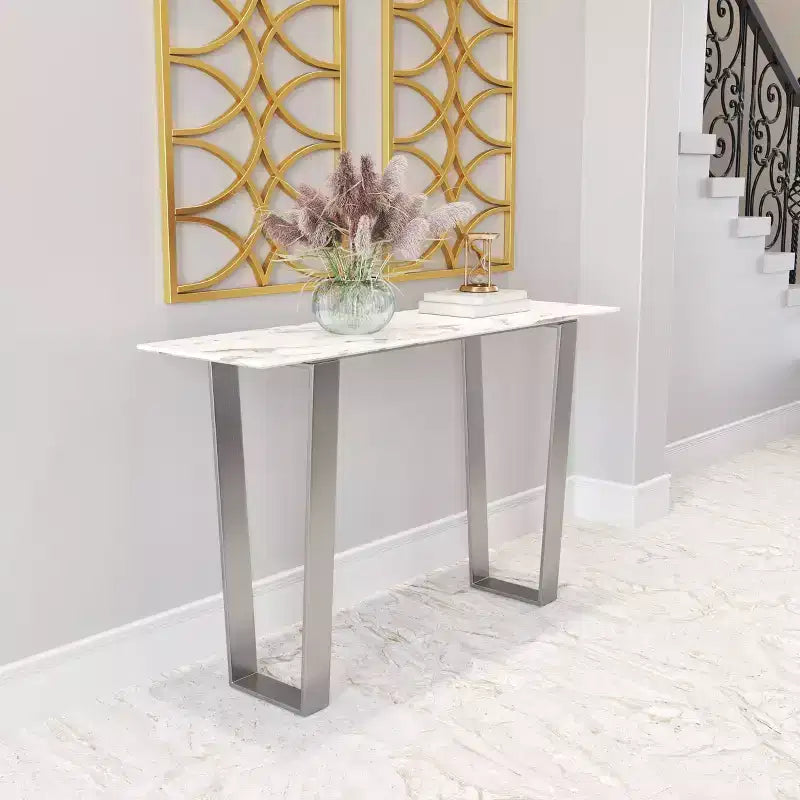 Console de table rectangulaire moderne imitation marbre - Pierre, Acier inoxydable brossé - Zm Home