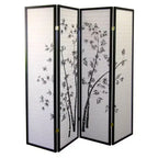 4 Panel Room Divider Bamboo - Ore International: Hardwood Spruce Frame, Botanical Floral Tree Design, No Assembly Required
