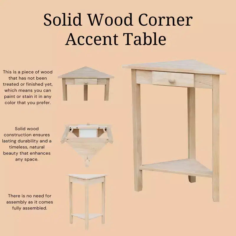 Table d'appoint d'angle inachevée - International Concepts : Bois massif, forme triangulaire, étagère de rangement