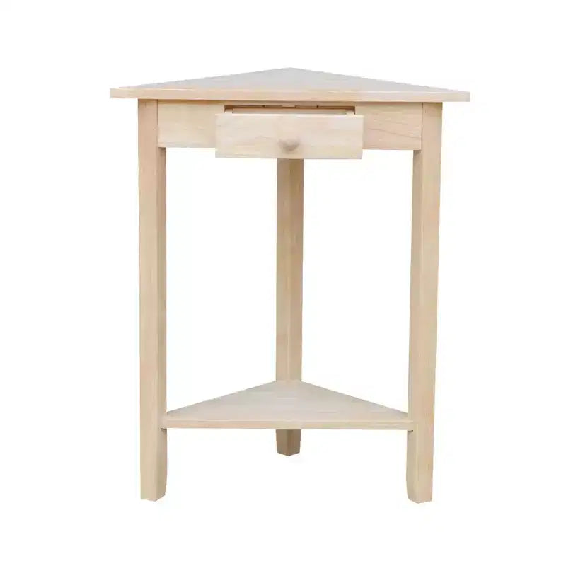 Table d'appoint d'angle inachevée - International Concepts : Bois massif, forme triangulaire, étagère de rangement