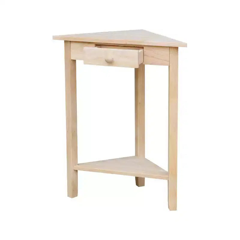 Table d'appoint d'angle inachevée - International Concepts : Bois massif, forme triangulaire, étagère de rangement