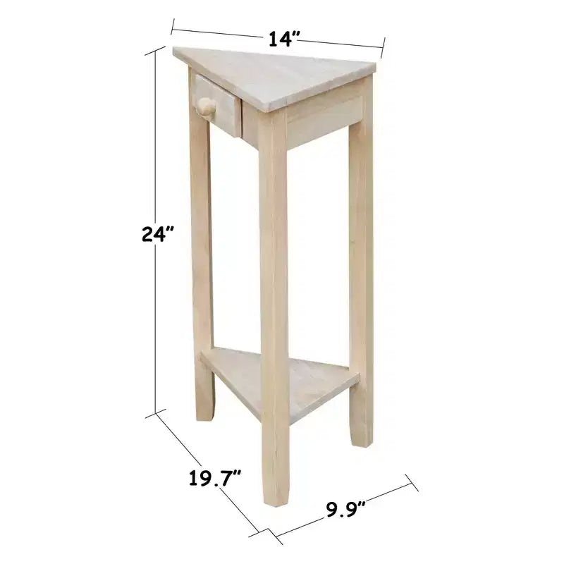 Table d'appoint d'angle inachevée - International Concepts : Bois massif, forme triangulaire, étagère de rangement
