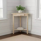 Table d'appoint d'angle inachevée - International Concepts : Bois massif, forme triangulaire, étagère de rangement